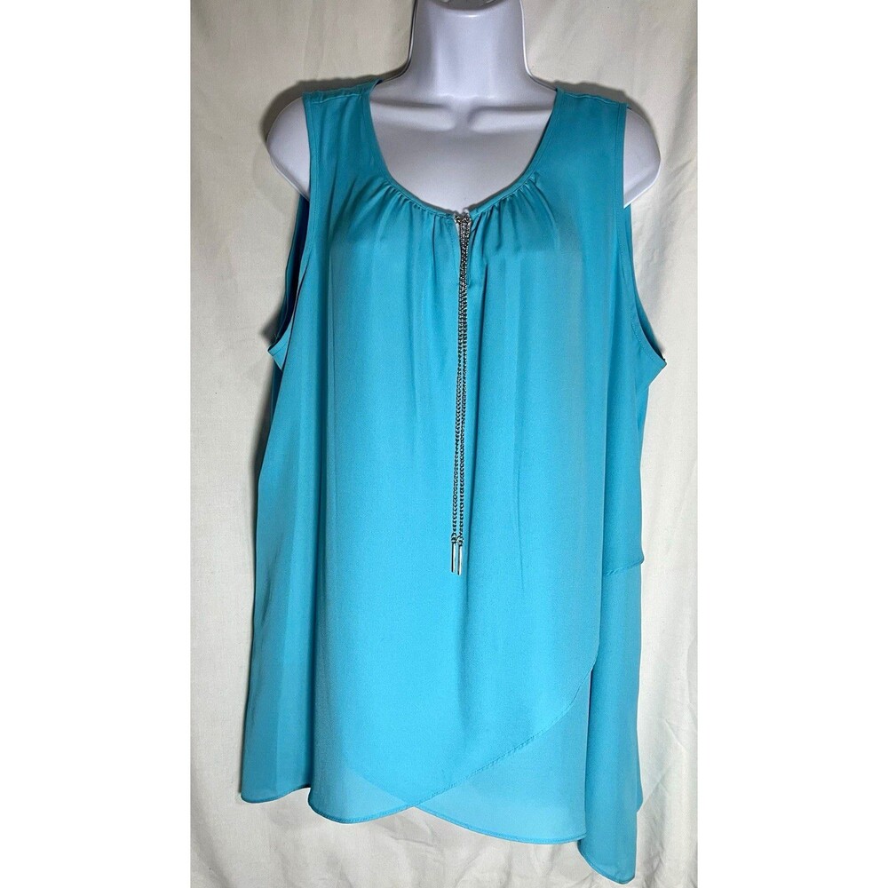 Zac & Rachel Woman Blouse 2X Blue Scoop Neck Woven Polyester Chain Accent
